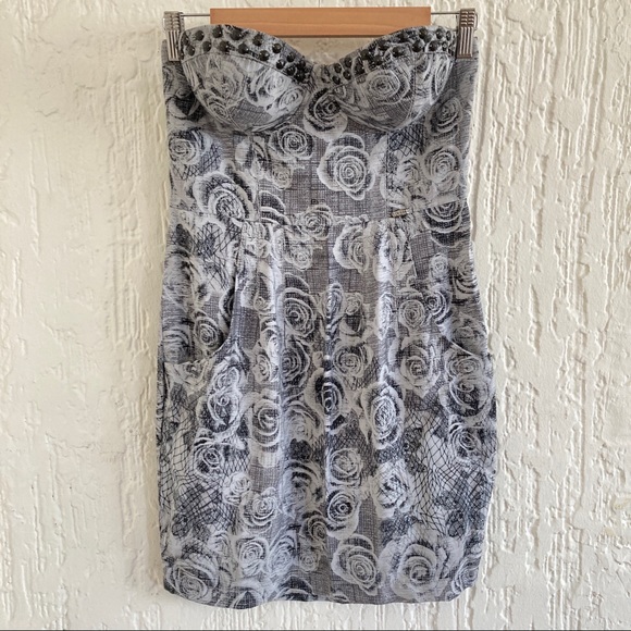 Guess Gray and Black Floral Print Strapless Bustier Dress Size 5 - Picture 9 of 9
